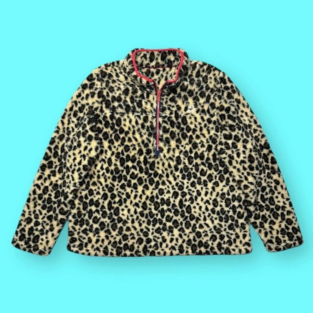 Vineyard Vines Womens Leopard Print Teddy Sherpa 1/2 Zip Pullover Size XL EUC